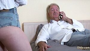 Teen blonde grabs grandpa's cock and sucks it deepthroat